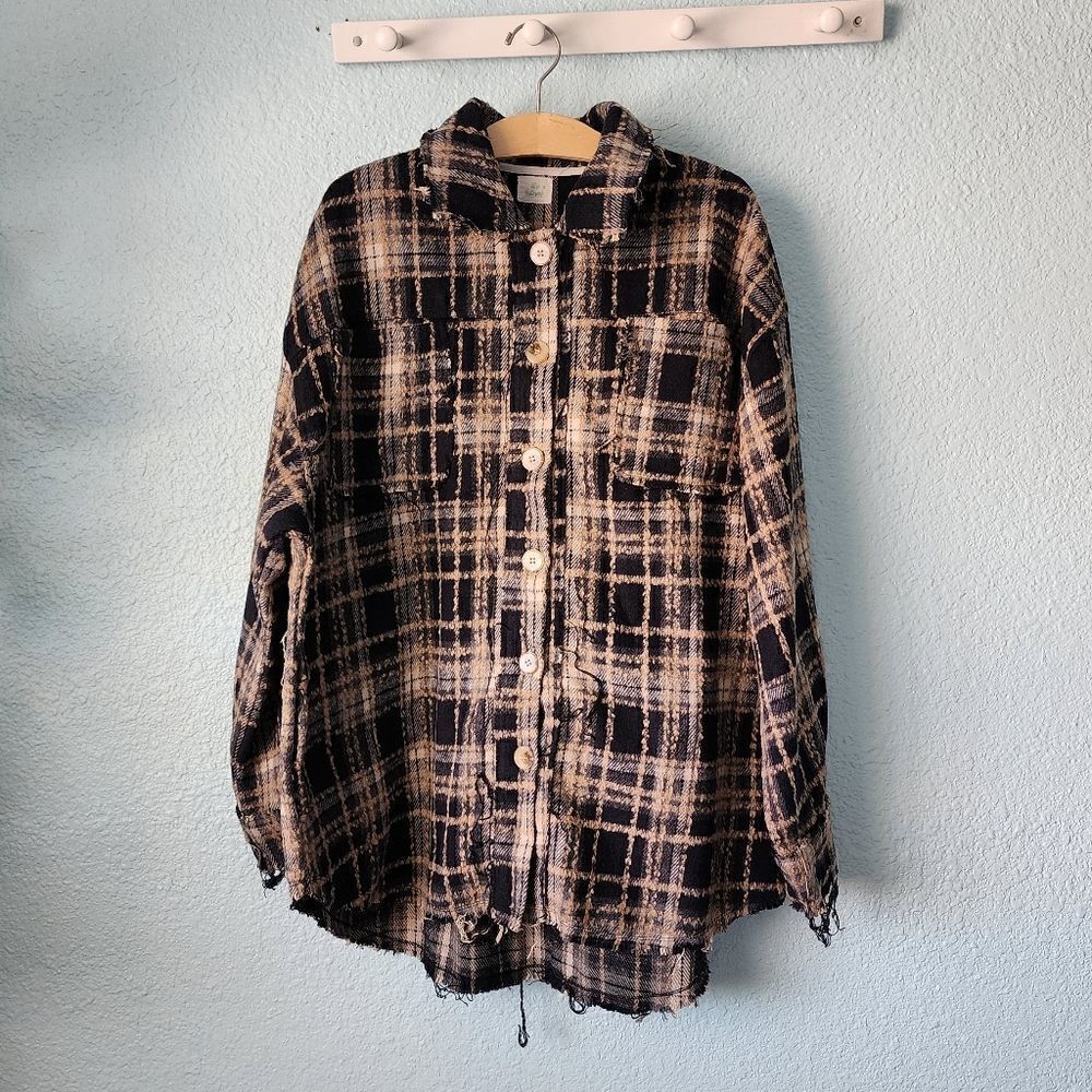 Blue buttercup oversized distress allover blue thunder sky shacket shirt